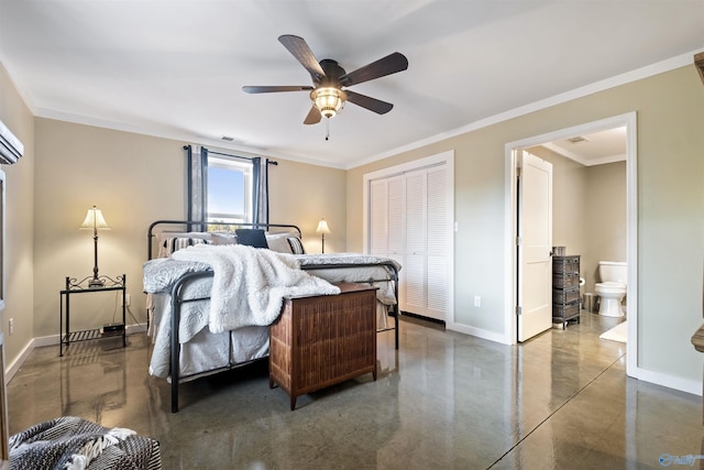 bedroom with a closet, ensuite bath, ceiling fan, and crown molding