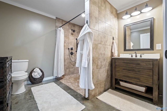 bathroom featuring a shower with shower curtain, vanity, toilet, and concrete floors