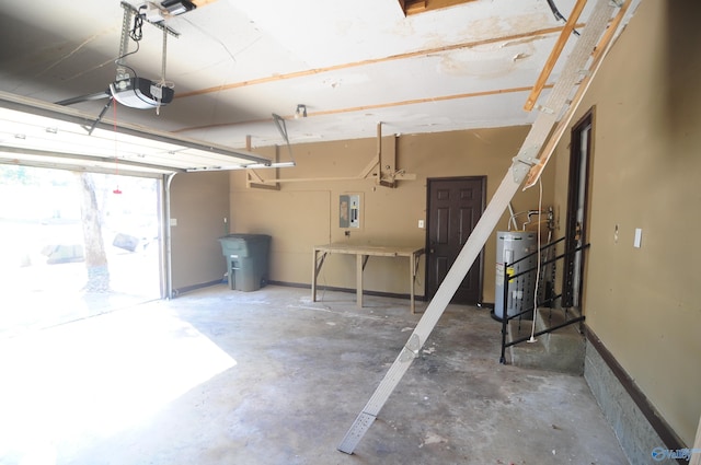 garage with water heater, electric panel, and a garage door opener