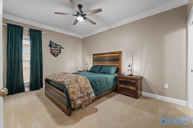 bedroom featuring ceiling fan, light colored carpet, and ornamental molding