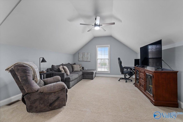 living room with light carpet, vaulted ceiling, and ceiling fan