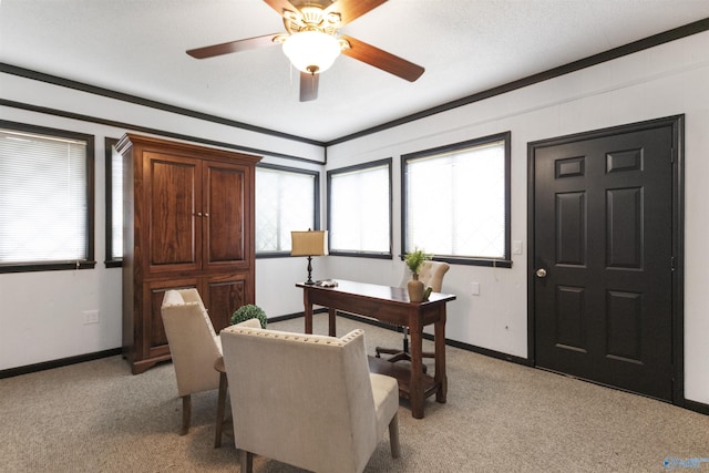 home office featuring baseboards, light colored carpet, and a healthy amount of sunlight