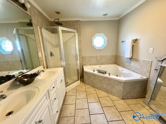 bathroom with ornamental molding, separate shower and tub, tile patterned flooring, and vanity