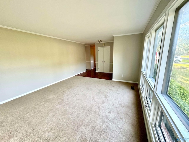 empty room featuring ornamental molding and dark colored carpet