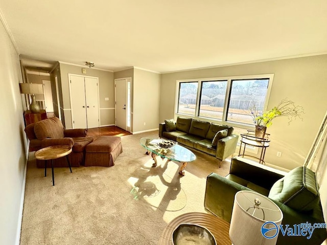 living room featuring light carpet and ornamental molding