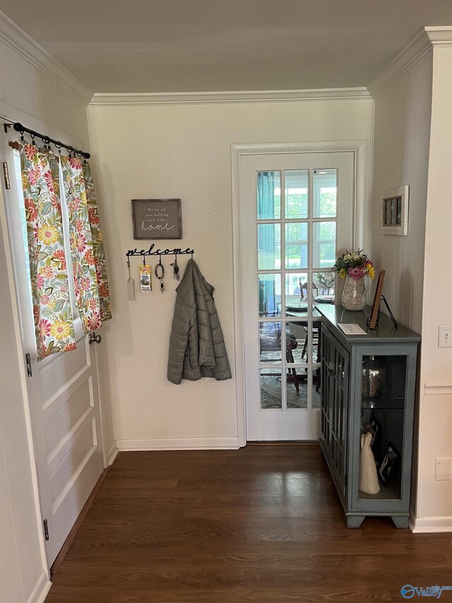 entryway featuring crown molding, baseboards, and dark wood-type flooring