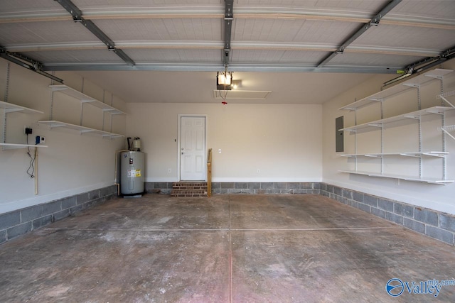 garage featuring electric panel, a garage door opener, and water heater