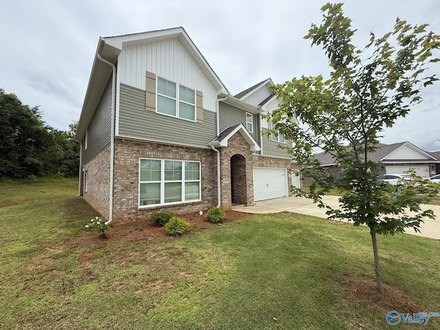 101 River Springs Ct, New Market, AL 35761 - view of front of home with brick siding, concrete driveway, board and batten siding, a garage, and a front yard