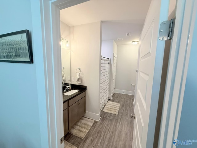 101 River Springs Ct, New Market, AL 35761 - bathroom with vanity, wood finished floors, and baseboards
