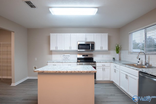 kitchen with sink, a kitchen island, white cabinets, and appliances with stainless steel finishes