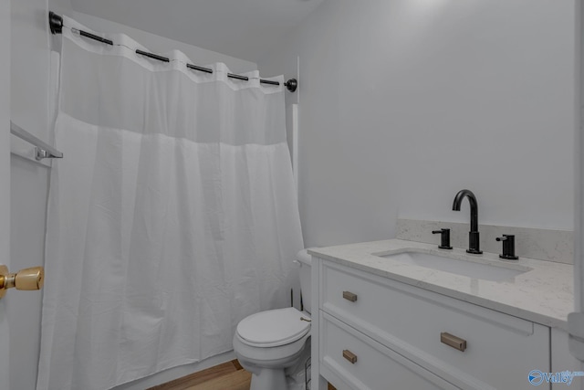 bathroom with vanity, toilet, and wood-type flooring