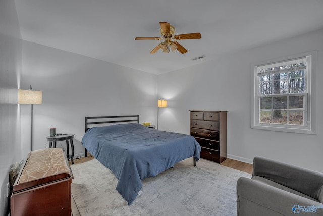 bedroom with ceiling fan and light wood-type flooring