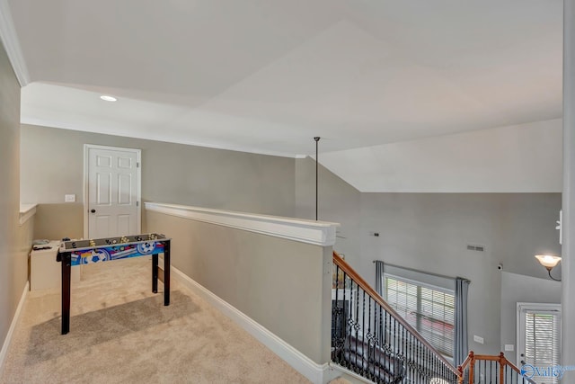 playroom with visible vents, recessed lighting, vaulted ceiling, carpet flooring, and baseboards