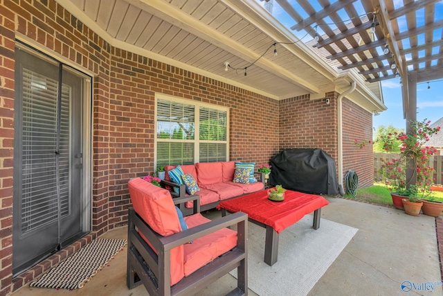 view of patio featuring a pergola, fence, an outdoor living space, and a grill