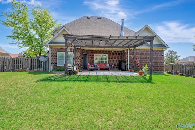 back of property with an outdoor hangout area, brick siding, a pergola, and a fenced backyard