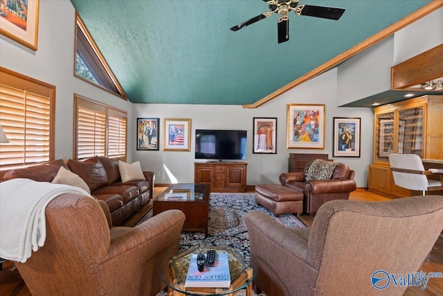 living room with a textured ceiling, high vaulted ceiling, hardwood / wood-style floors, and ceiling fan