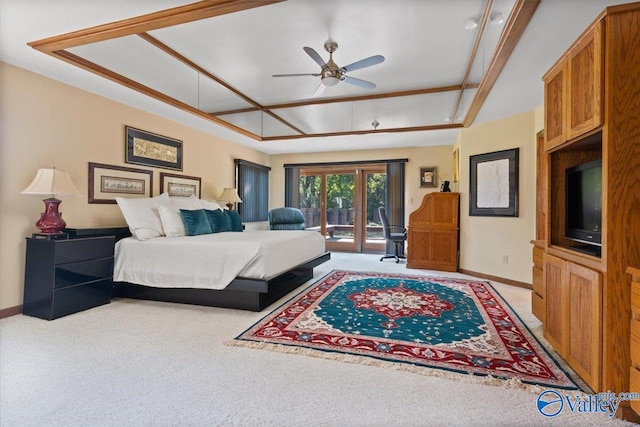 bedroom with light colored carpet, access to exterior, and ceiling fan