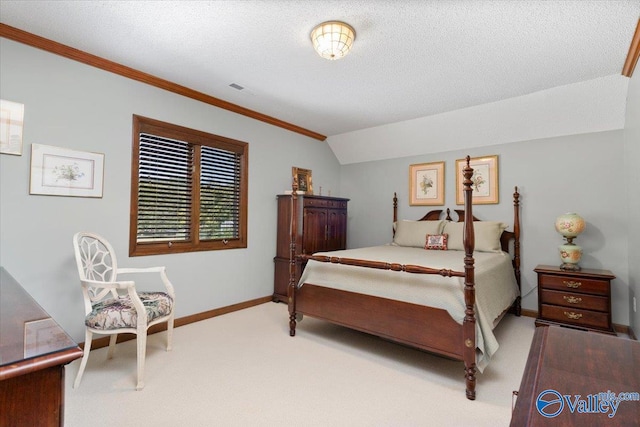 bedroom featuring light colored carpet, a textured ceiling, and vaulted ceiling