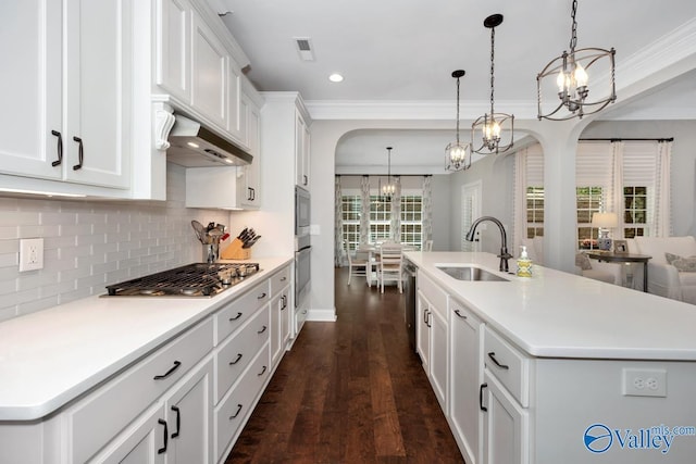 kitchen featuring premium range hood, arched walkways, stainless steel appliances, and a sink