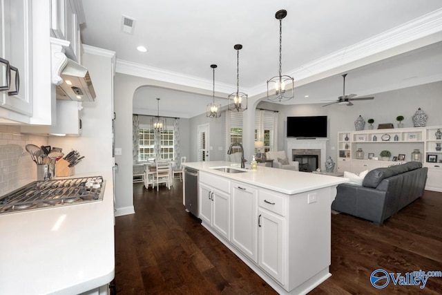 kitchen with a sink, ceiling fan with notable chandelier, dishwasher, a fireplace, and backsplash