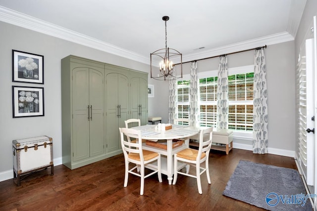 dining room featuring ornamental molding, baseboards, a notable chandelier, and dark wood-style floors