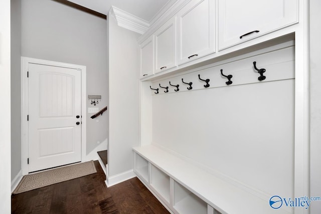 mudroom featuring dark wood-style flooring, baseboards, and ornamental molding