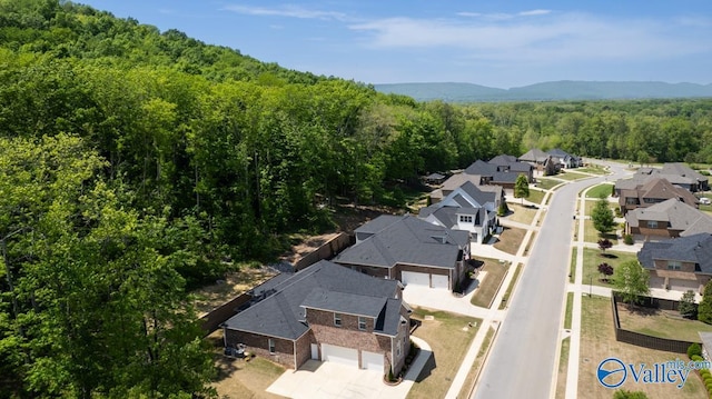 bird's eye view featuring a forest view and a residential view