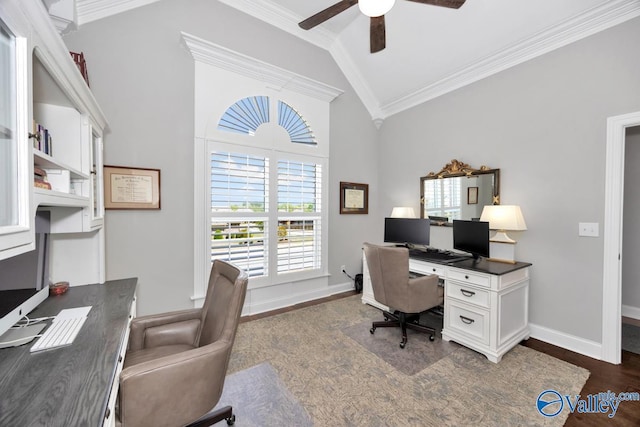 office featuring dark wood-style floors, vaulted ceiling, baseboards, ceiling fan, and ornamental molding
