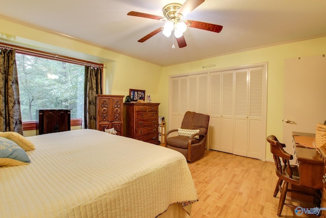 bedroom featuring crown molding, light hardwood / wood-style flooring, ceiling fan, and a closet