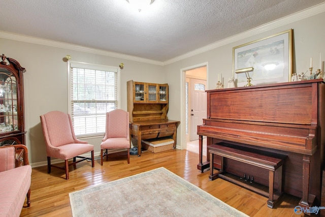 living area featuring a textured ceiling, ornamental molding, and light wood-type flooring