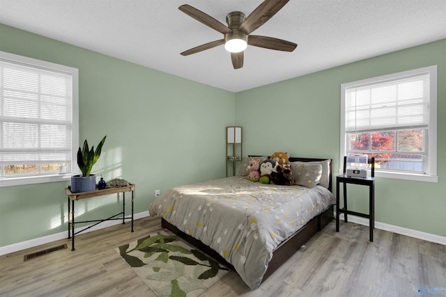 bedroom with ceiling fan and light hardwood / wood-style flooring