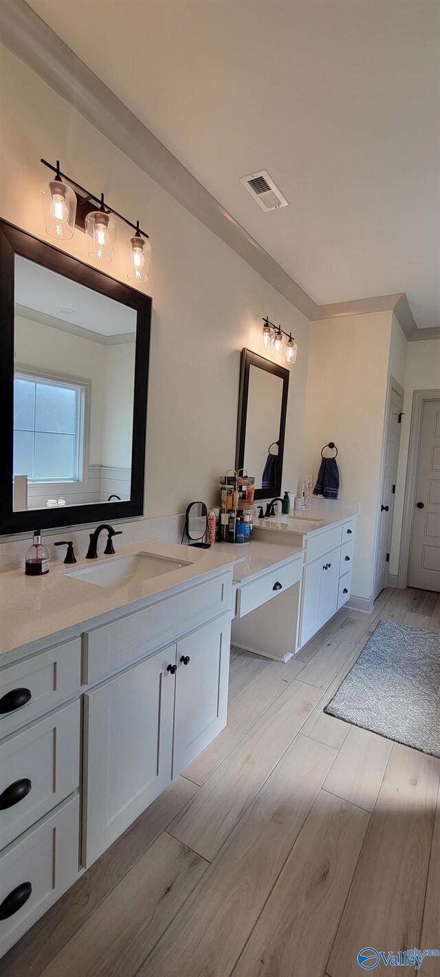 bathroom with vanity and hardwood / wood-style floors