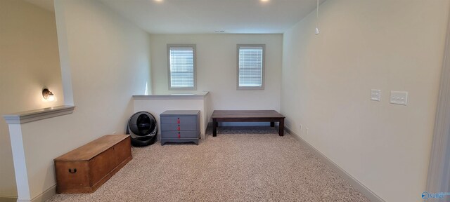 interior space featuring light colored carpet