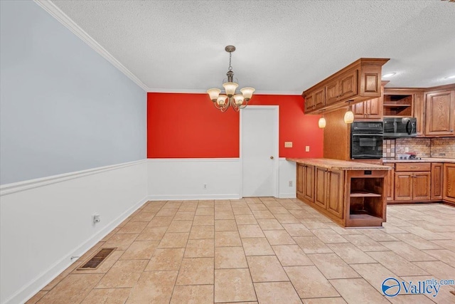 kitchen with a chandelier, visible vents, black appliances, open shelves, and brown cabinetry