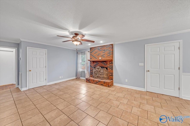 unfurnished living room featuring ornamental molding, light tile patterned flooring, a fireplace, and a ceiling fan