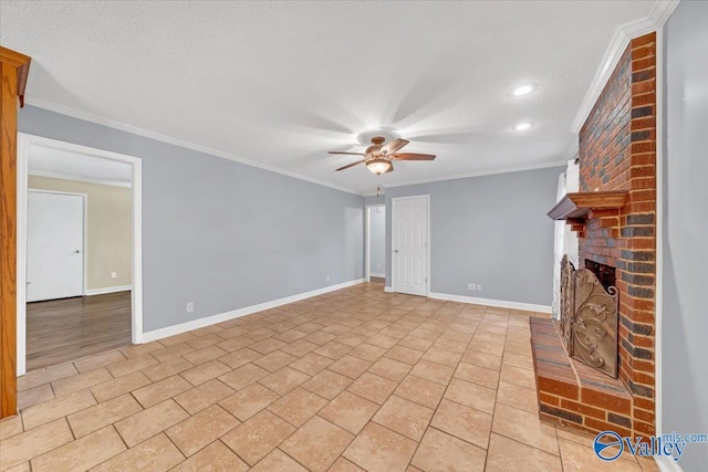 unfurnished living room with a ceiling fan, a fireplace, crown molding, and light tile patterned floors