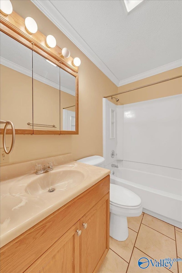 full bathroom with bathing tub / shower combination, toilet, ornamental molding, vanity, and a textured ceiling