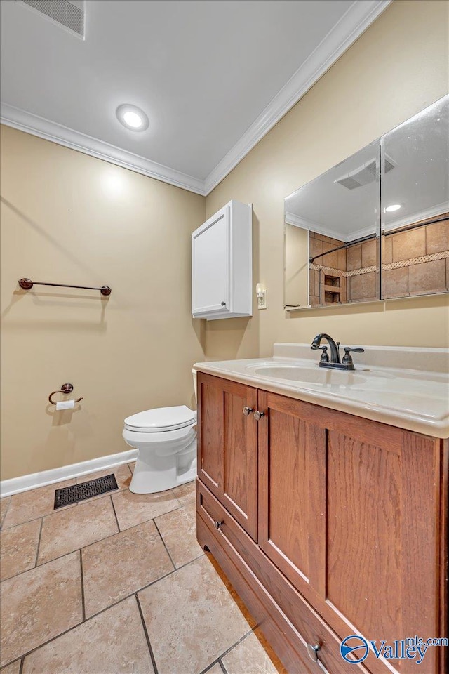 full bath with ornamental molding, visible vents, vanity, and toilet