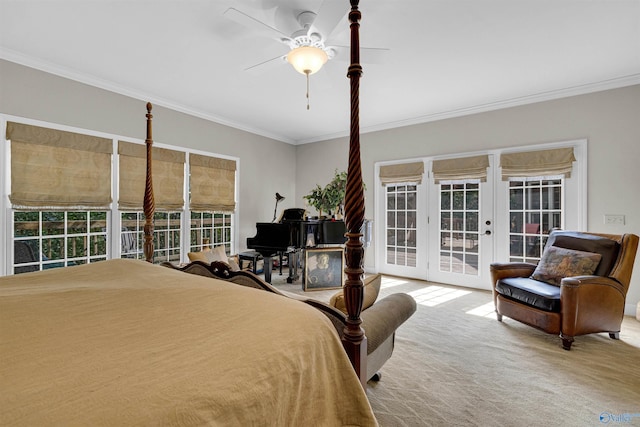 bedroom featuring ceiling fan, light carpet, crown molding, and access to exterior