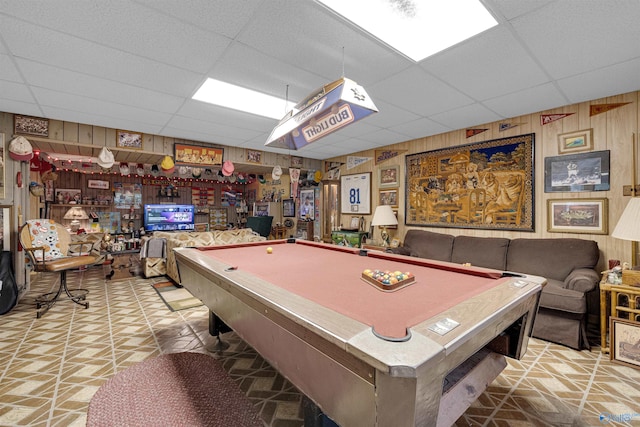 playroom featuring tile patterned floors, billiards, and a drop ceiling