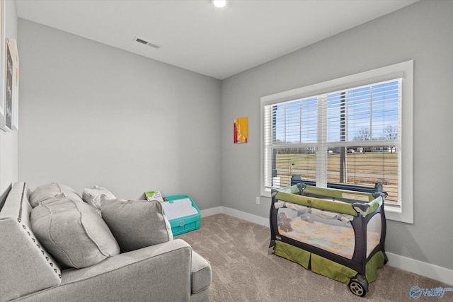 living area featuring light colored carpet