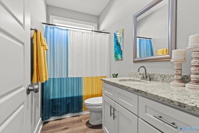 full bathroom featuring shower / bath combo with shower curtain, vanity, wood-type flooring, and toilet