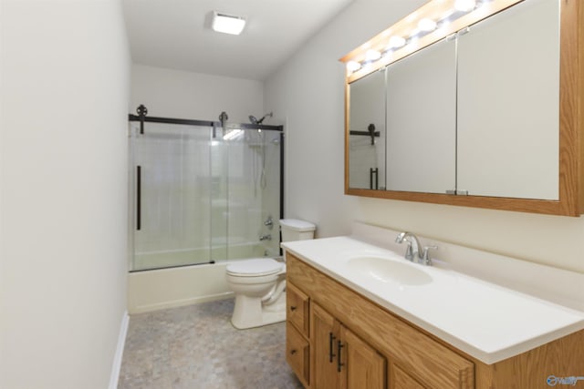 full bathroom with enclosed tub / shower combo, vanity, and toilet