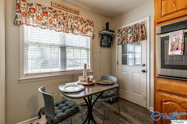 dining space with dark wood-style flooring, plenty of natural light, baseboards, and a textured ceiling