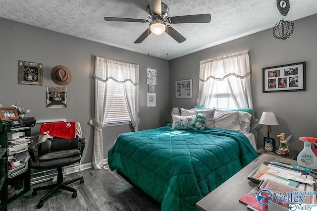 bedroom featuring multiple windows, wood finished floors, and a textured ceiling
