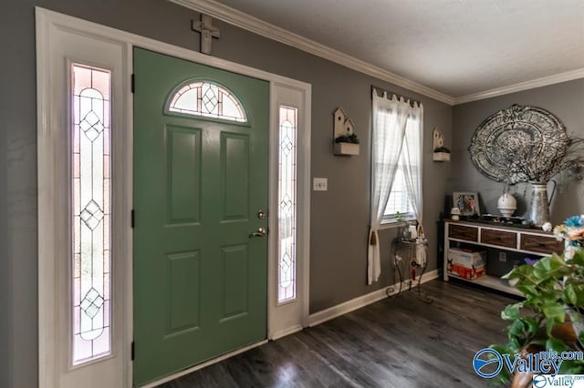 foyer entrance featuring baseboards, dark wood-style floors, and ornamental molding