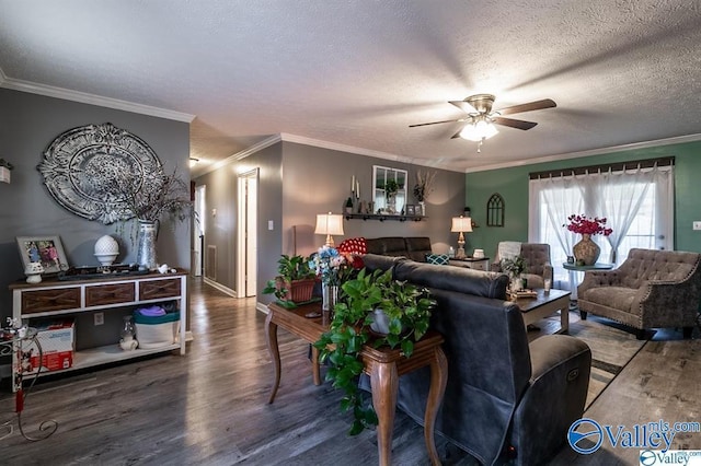 living room with a textured ceiling, crown molding, wood finished floors, and a ceiling fan