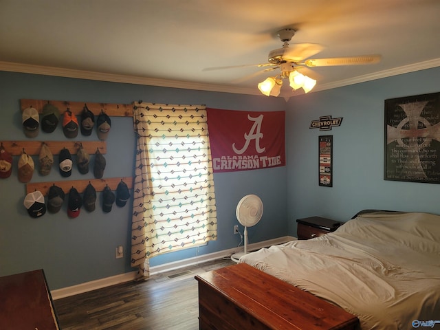 bedroom with dark wood-type flooring, ceiling fan, ornamental molding, and multiple windows