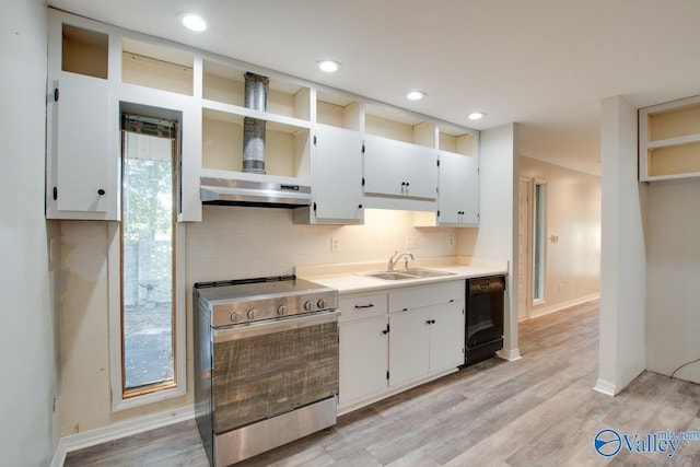 kitchen featuring electric stove, sink, wall chimney range hood, dishwasher, and light hardwood / wood-style floors