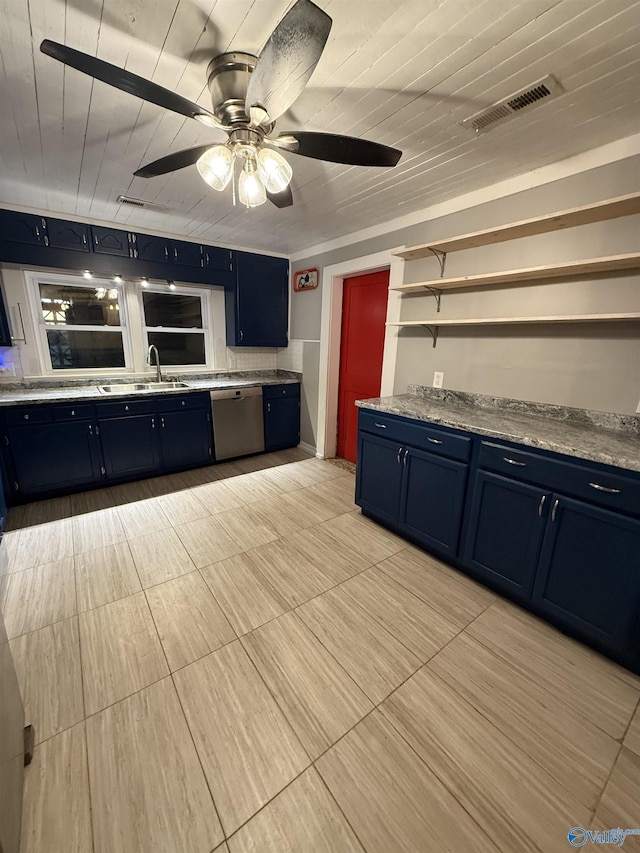 kitchen with blue cabinets, visible vents, dishwasher, and a sink